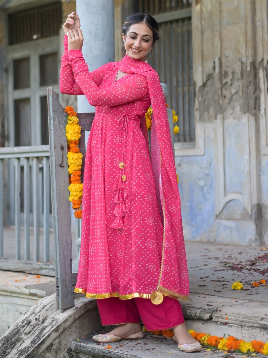 Rani Pink Bandhani Anarkali Kurta with Dupatta