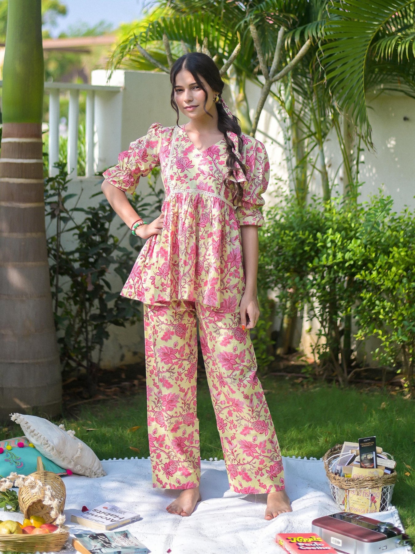 PEACH PINK FLORAL COTTON CO-ORD SET