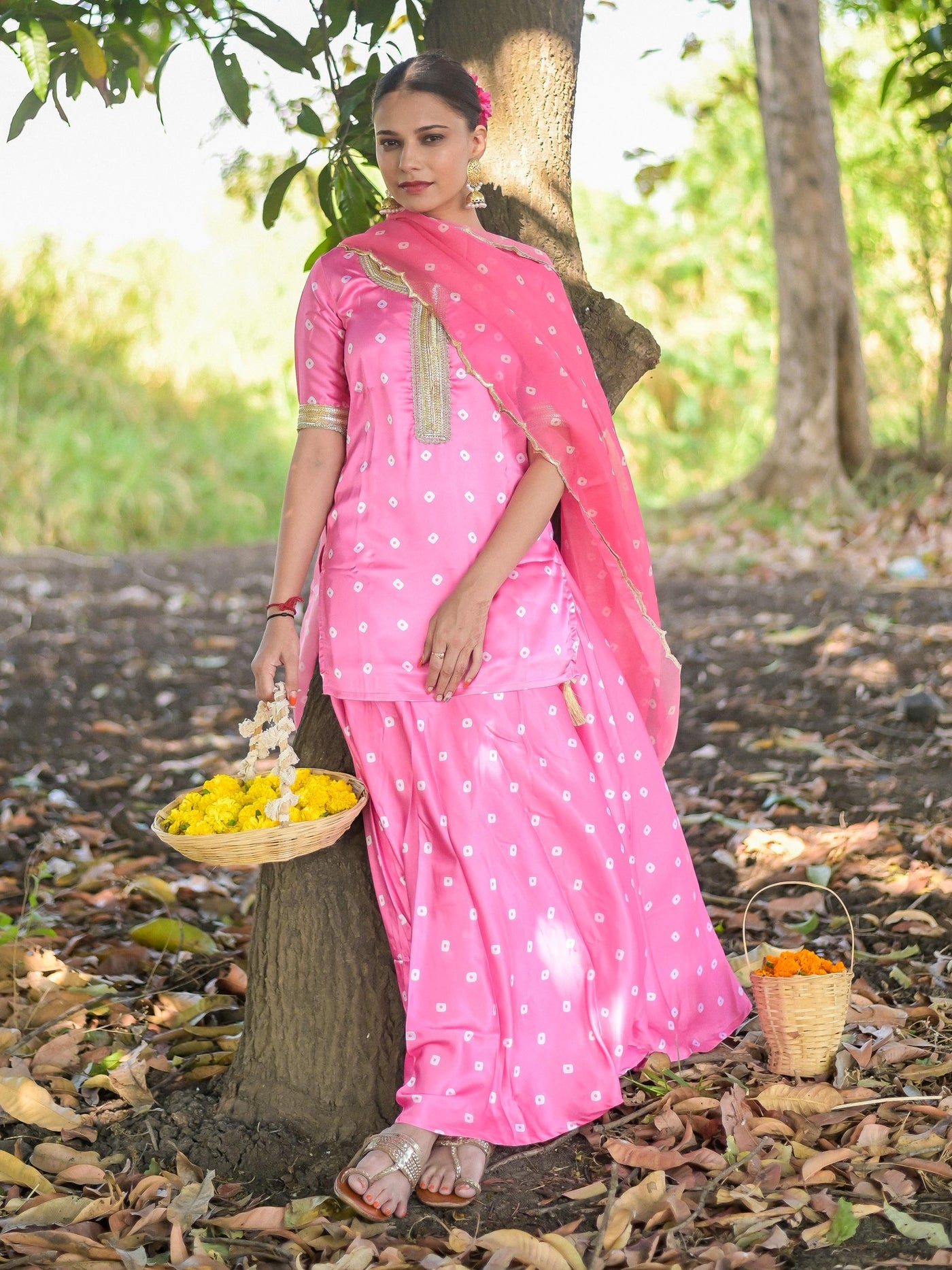Pink Bandhani Ghaghra Set with Organza Dupatta
