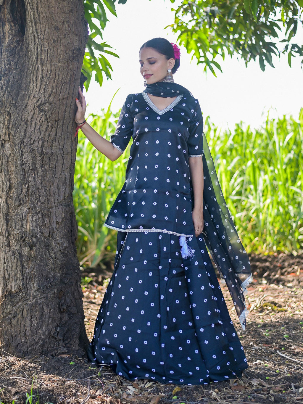 Black Bandhani Ghaghra Set with Organza Dupatta
