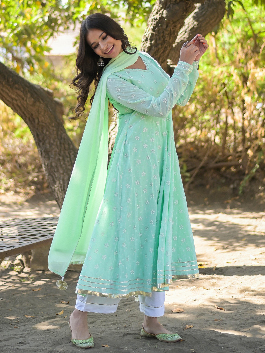 Mint Green Floral Printed Anarkali Suit Set