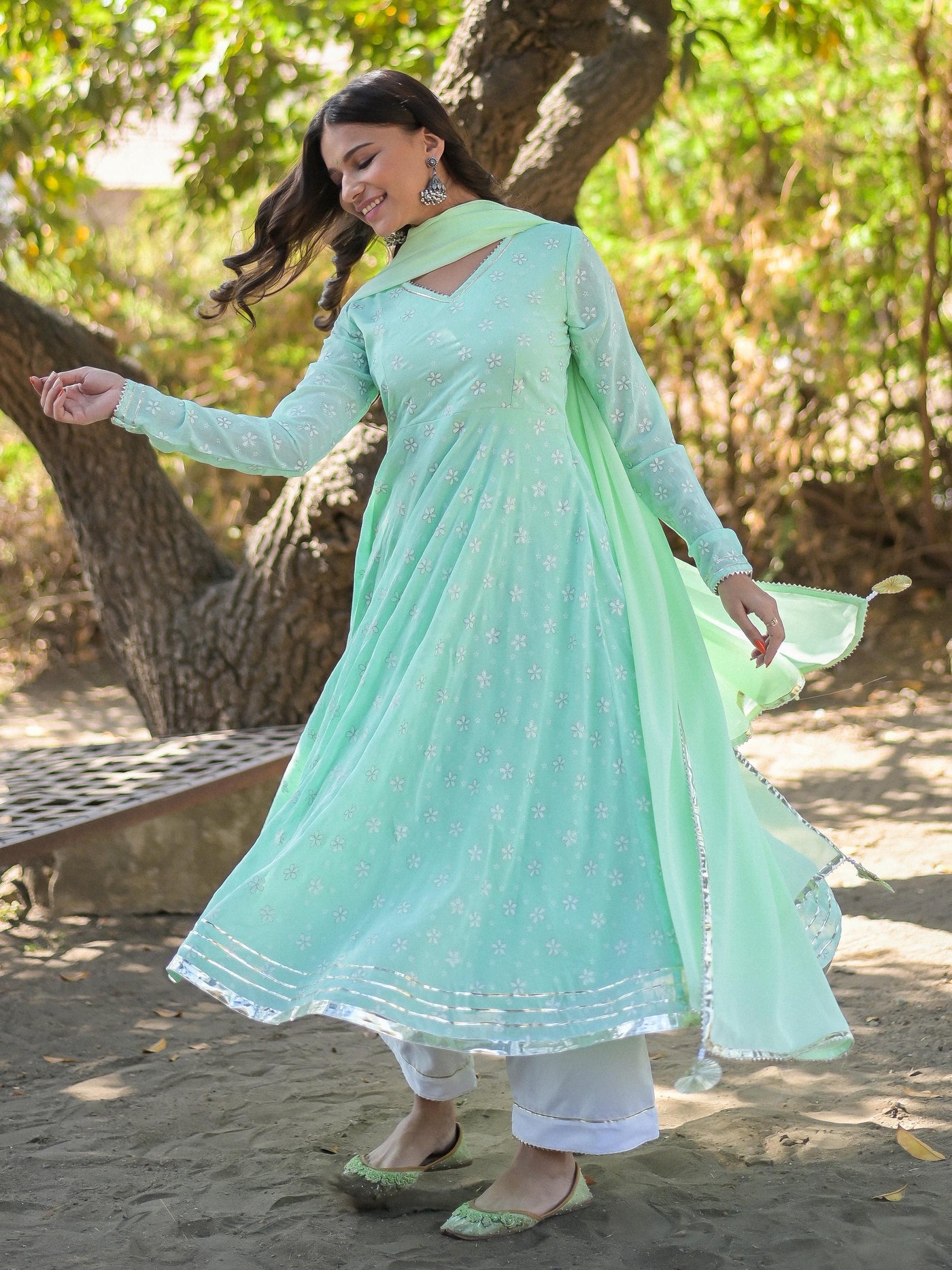 Mint Green Floral Printed Anarkali Suit Set