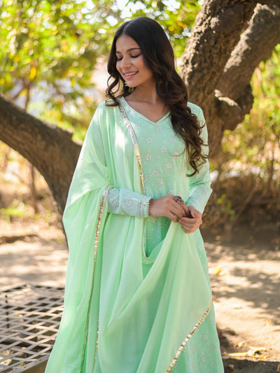 Mint Green Floral Printed Anarkali Suit Set