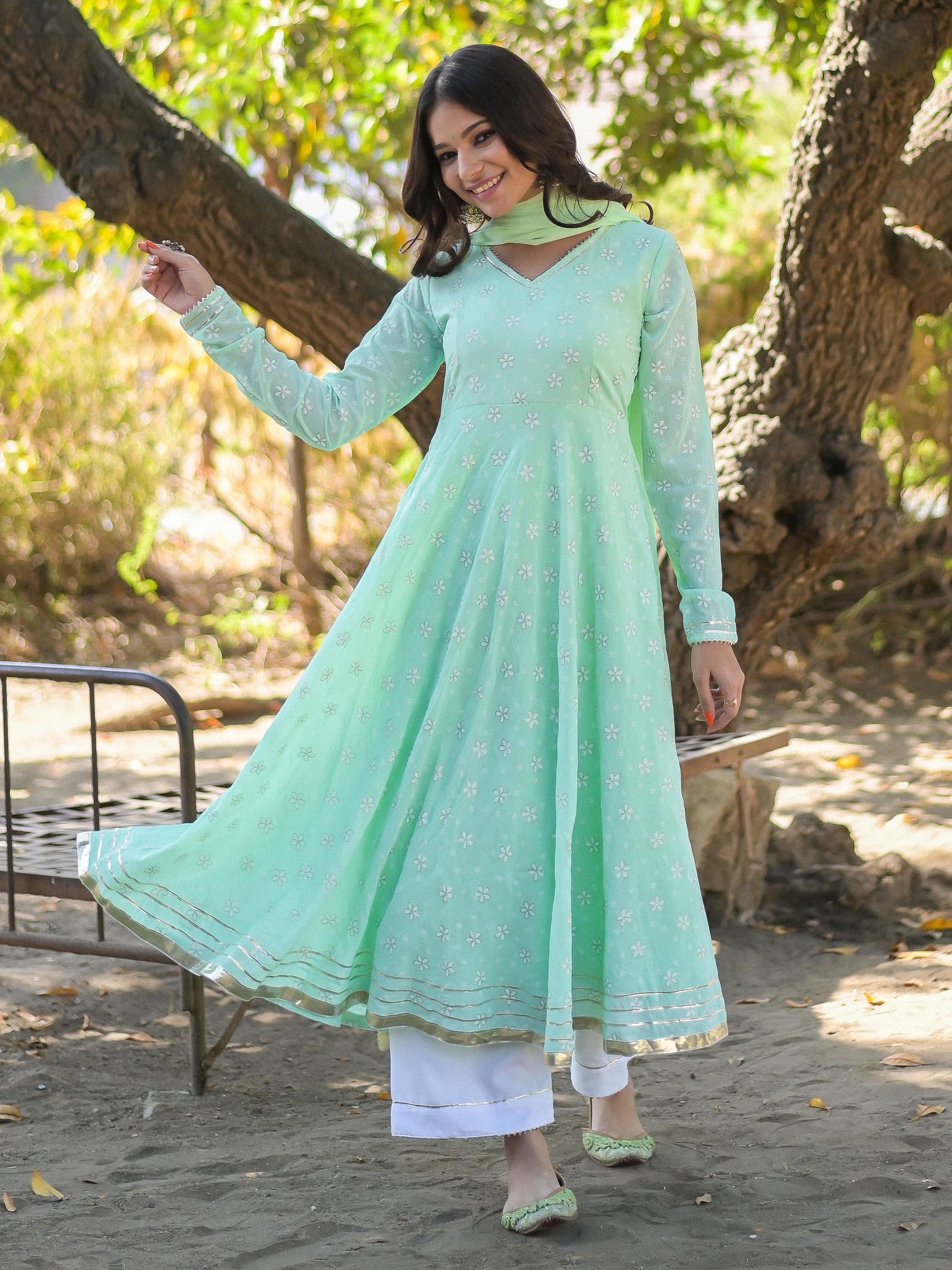 Mint Green Floral Printed Anarkali Suit Set