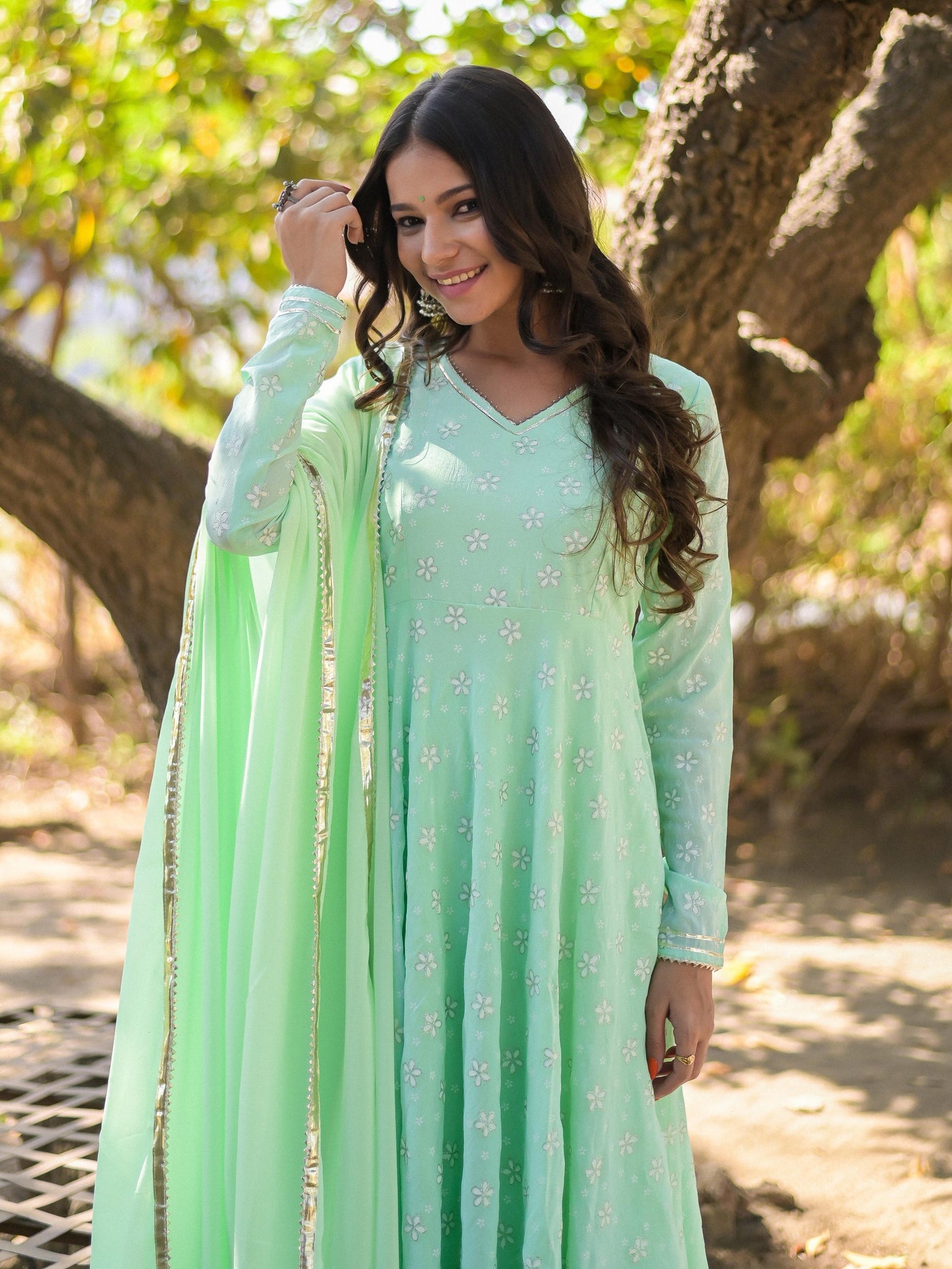 Mint Green Floral Printed Anarkali Suit Set