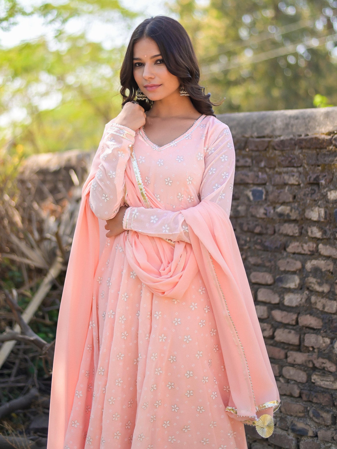 Light Peach Floral Printed Anarkali Suit Set – Krami India