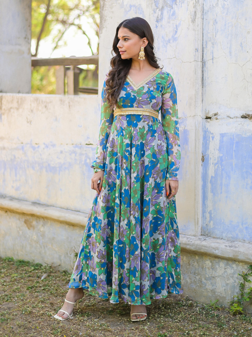 Blue Floral Anarkali Gown