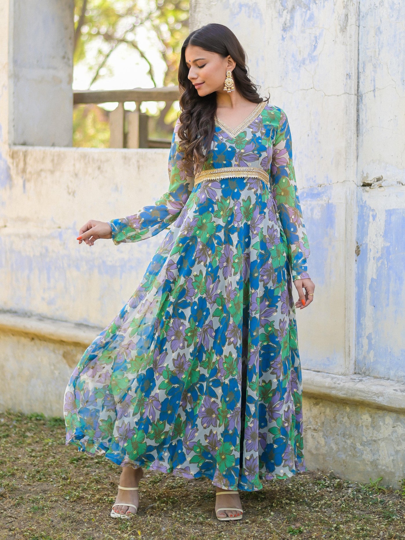 Blue Floral Anarkali Gown