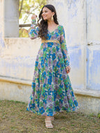 Blue Floral Anarkali Gown