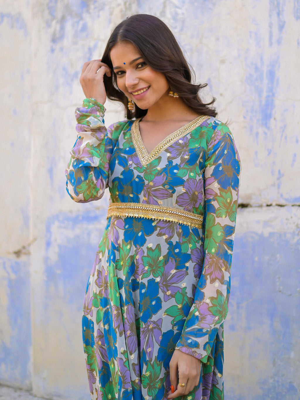 Blue Floral Anarkali Gown