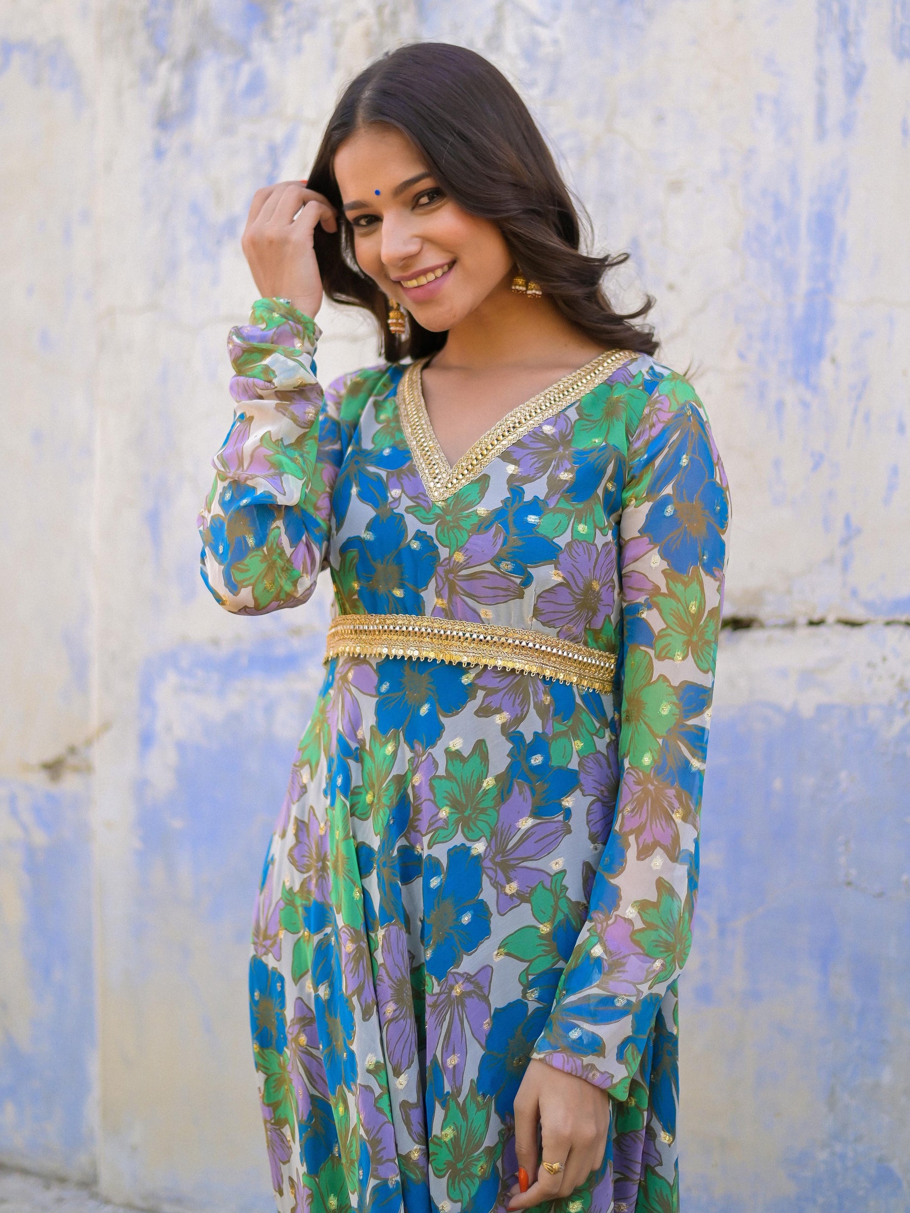 Blue Floral Anarkali Gown