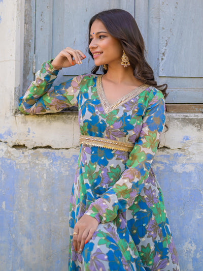 Blue Floral Anarkali Gown
