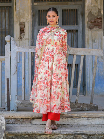 Red Floral Printed Anarkali Suit Set