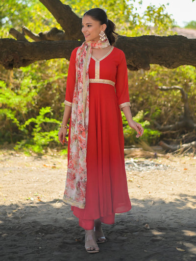 Red Anarkali Floral Dupatta Suit Set