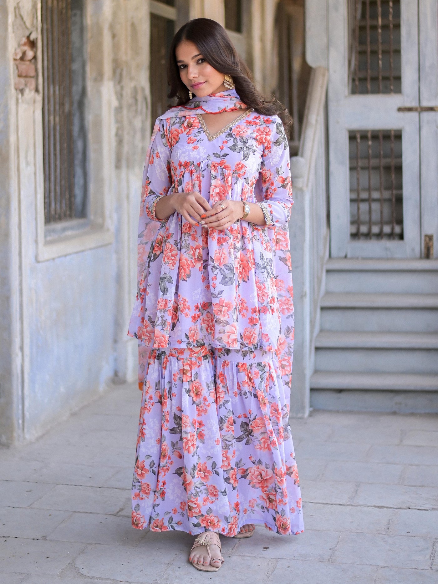 Lavender Floral Sharara Set