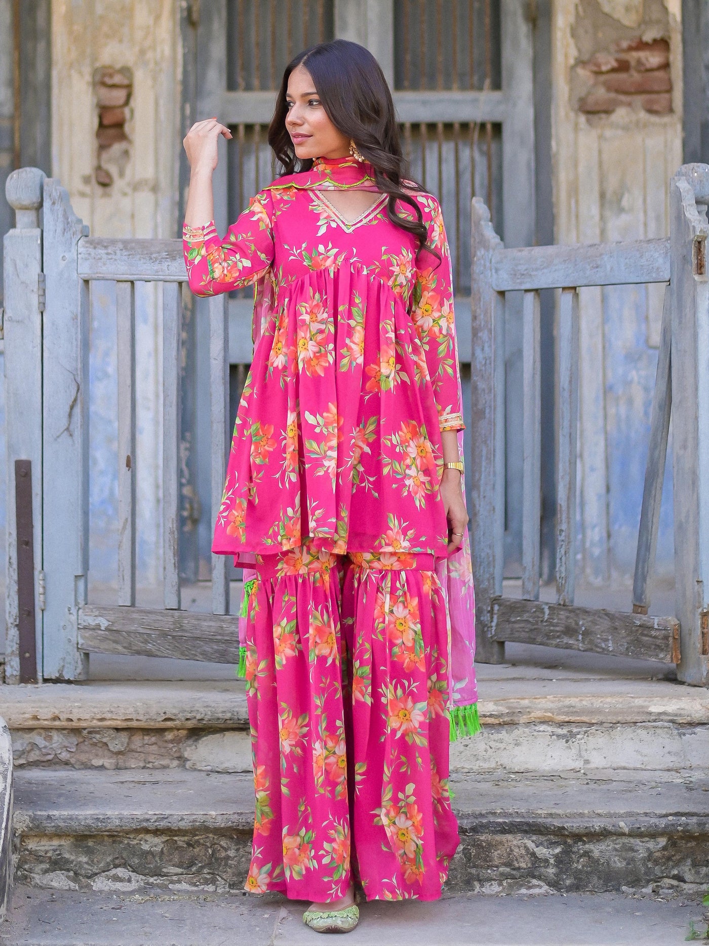 Pink Floral Sharara Set