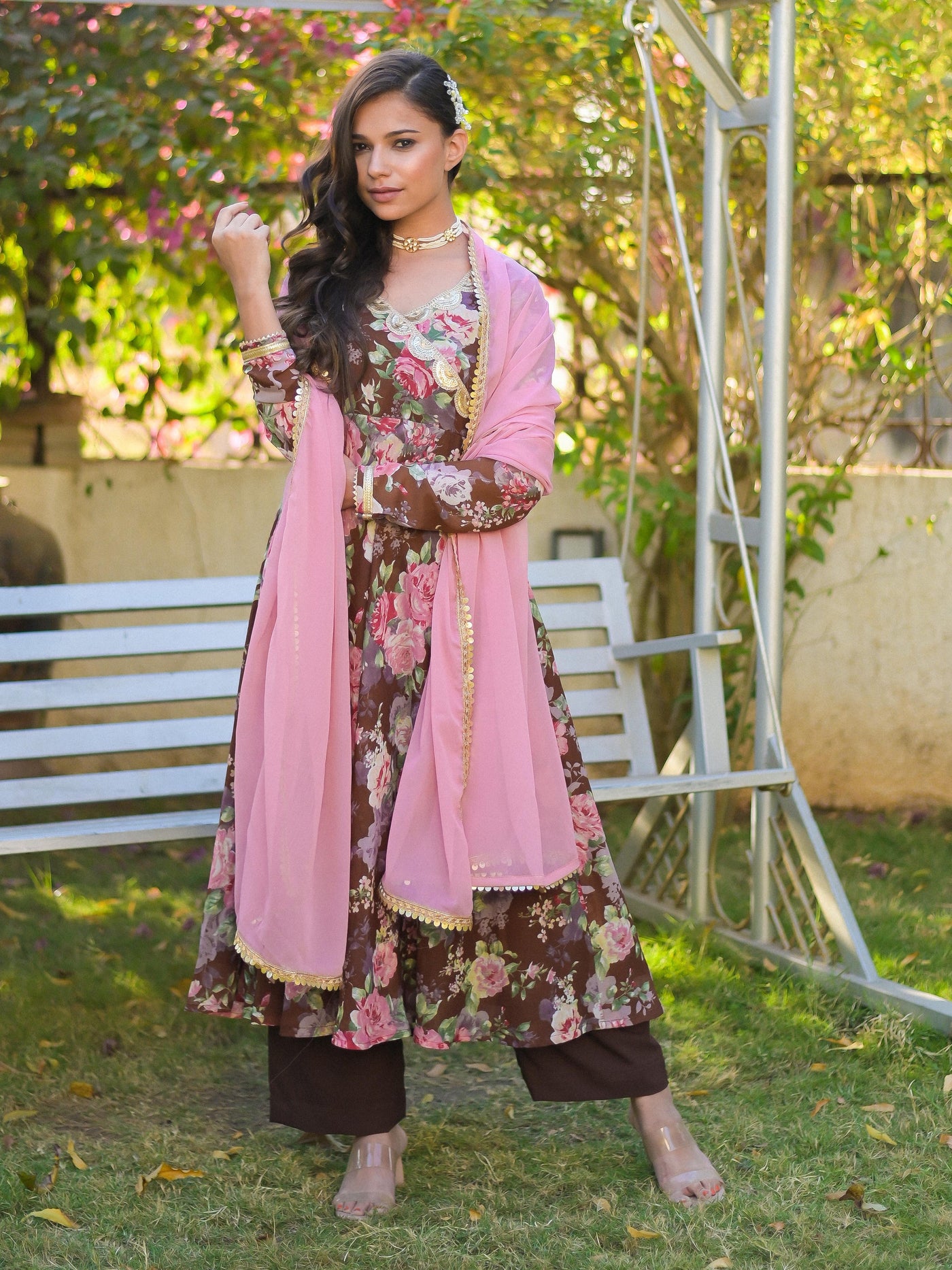 Caramel Brown Floral Printed Anarkali Suit Set