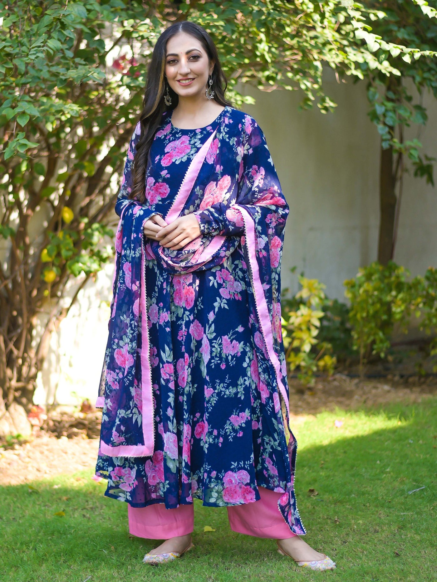 Navy Blue Floral Anarkali Chiffon Suit Set