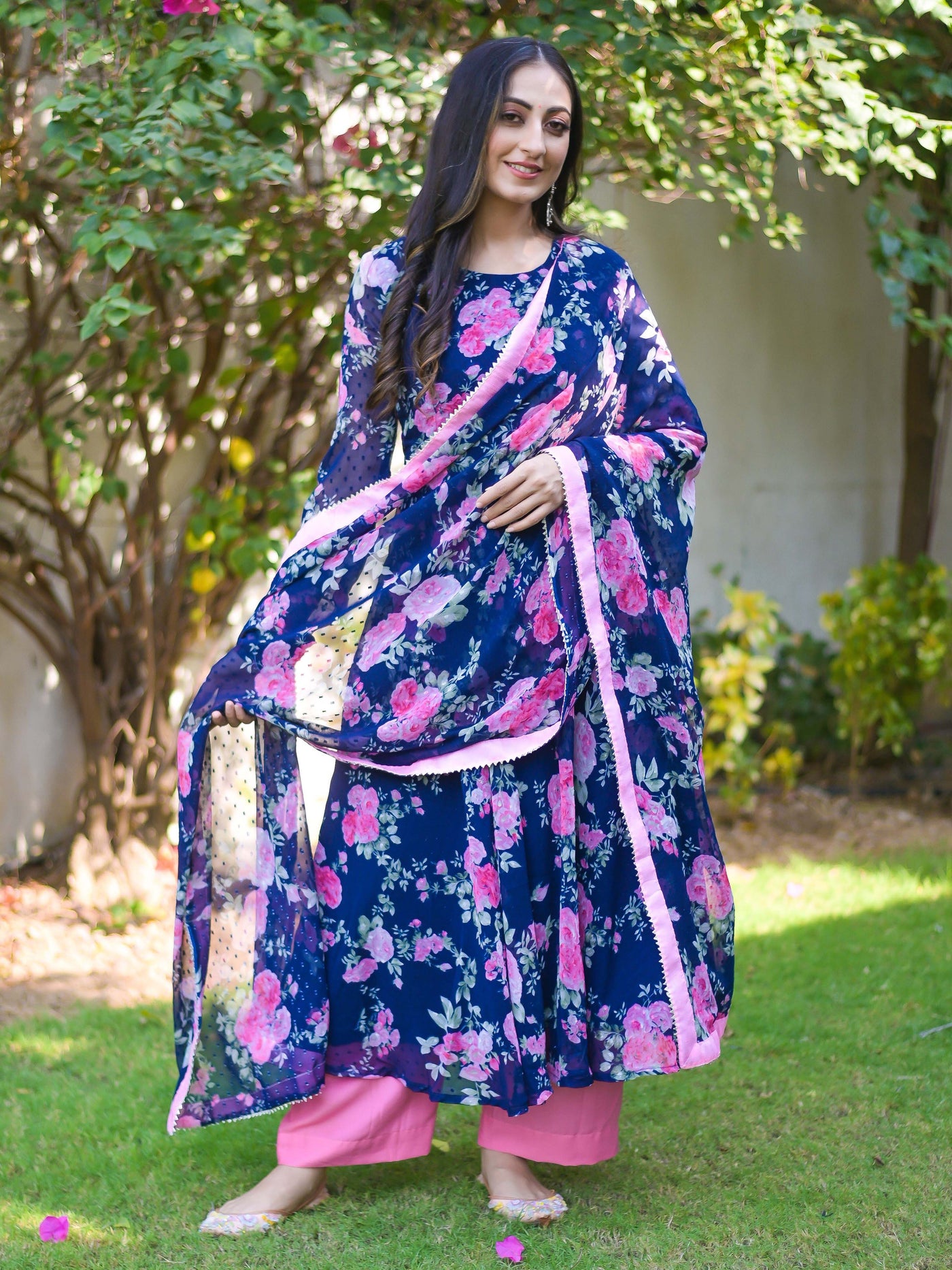 Navy Blue Floral Anarkali Chiffon Suit Set