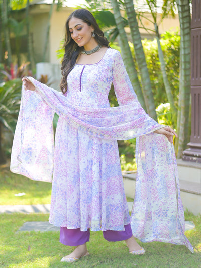 White Purple Floral Anarkali Chiffon Suit Set