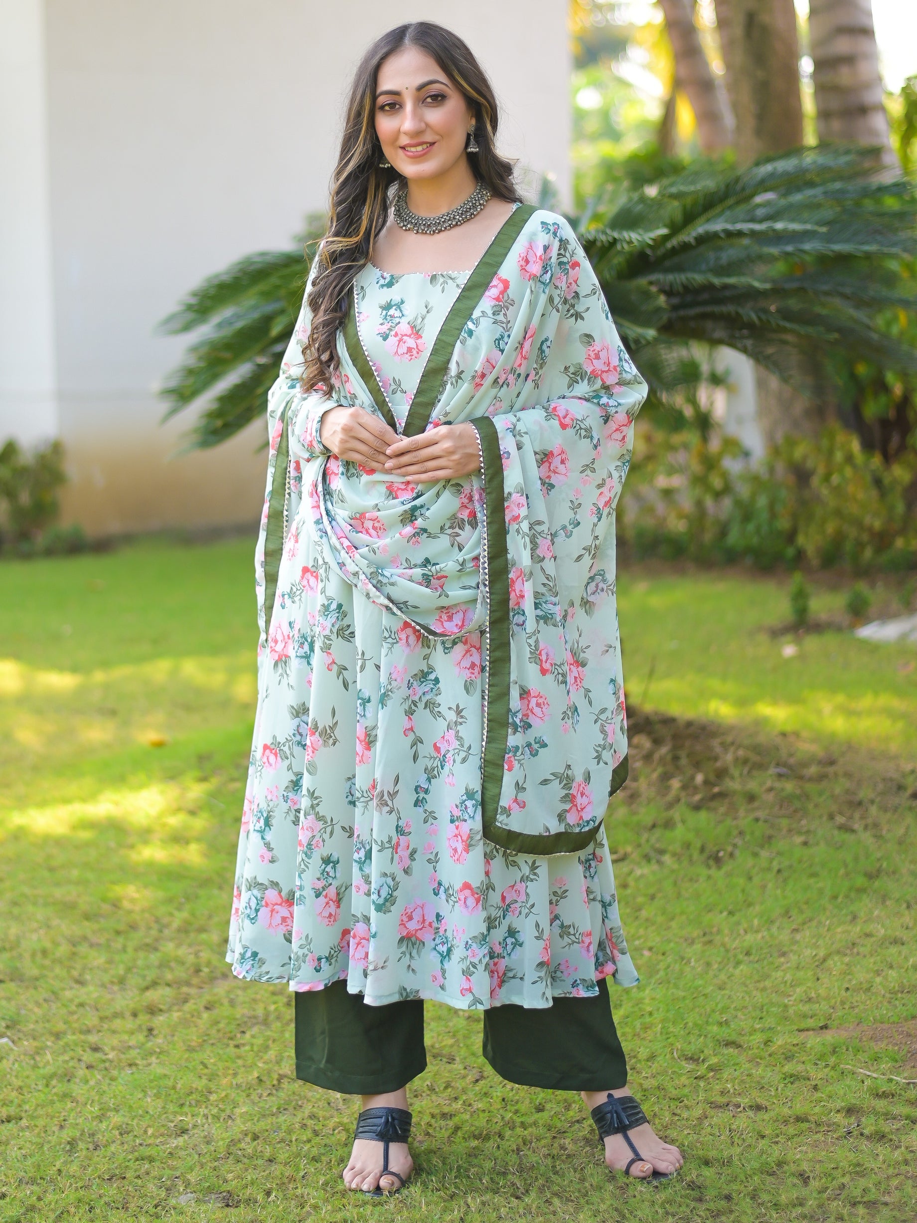 Pistachio Floral Anarkali Suit Set