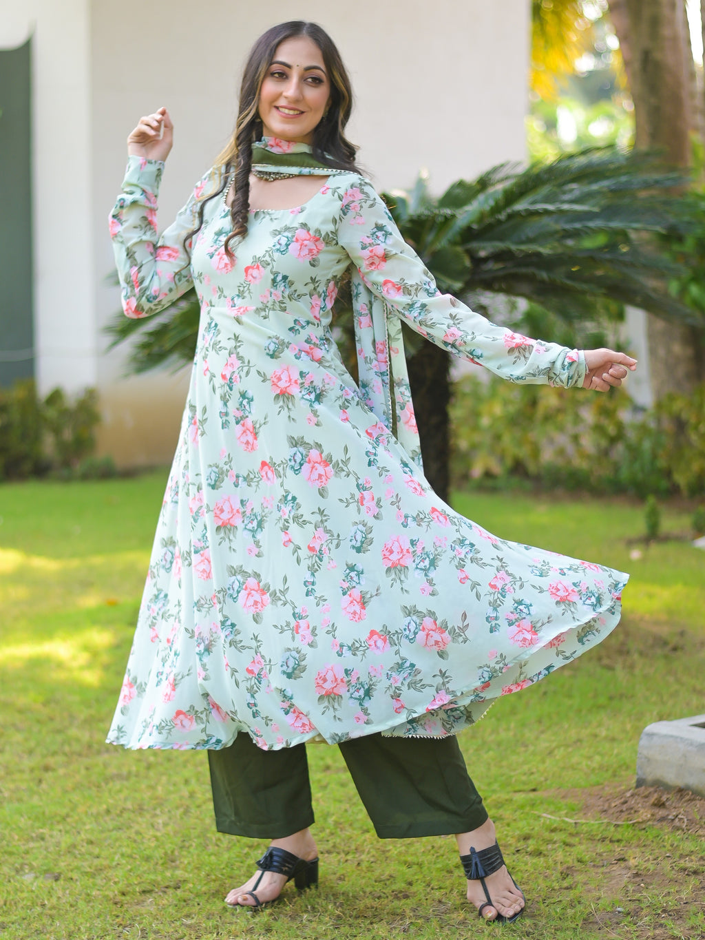 Pistachio Floral Anarkali Suit Set