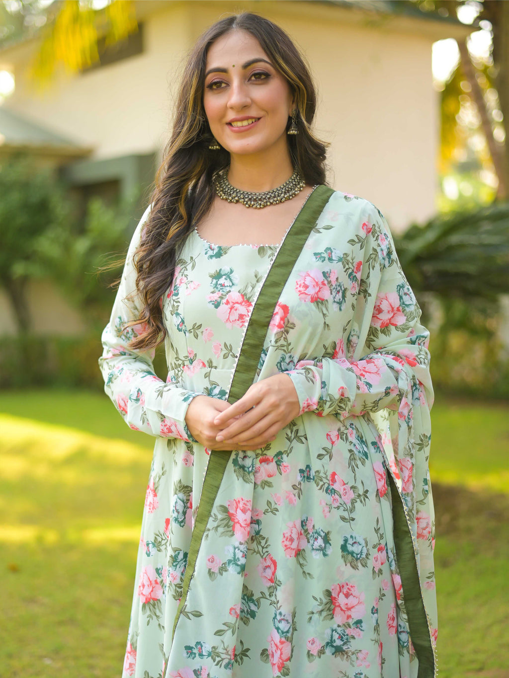 Pistachio Floral Anarkali Suit Set
