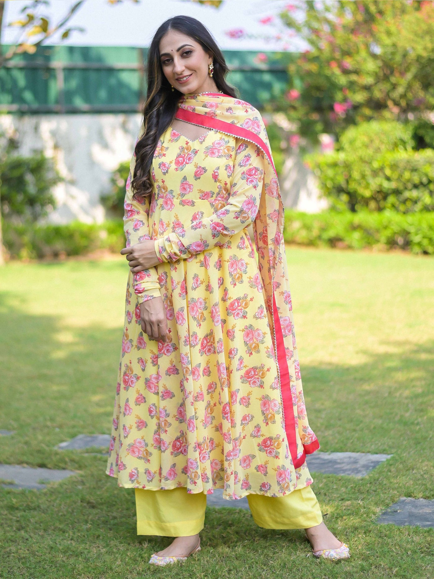 Yellow Rose Floral Anarkali Suit Set