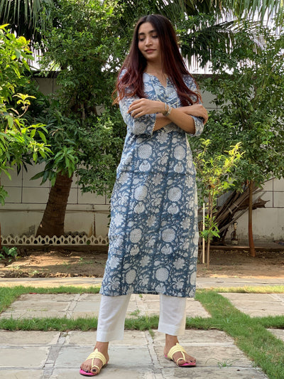 Bluish Grey Floral Hand block Kurta