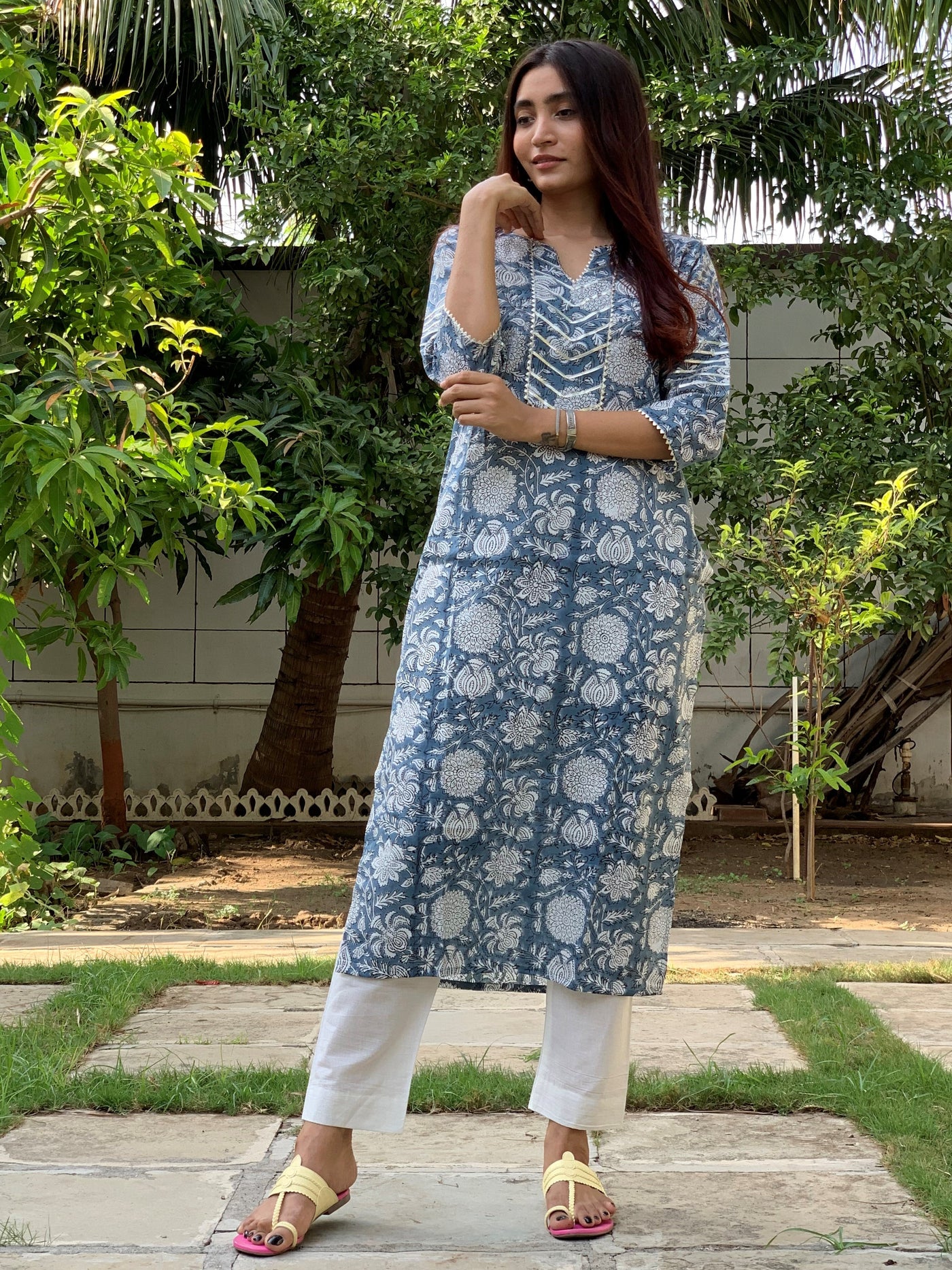 Bluish Grey Floral Hand block Kurta