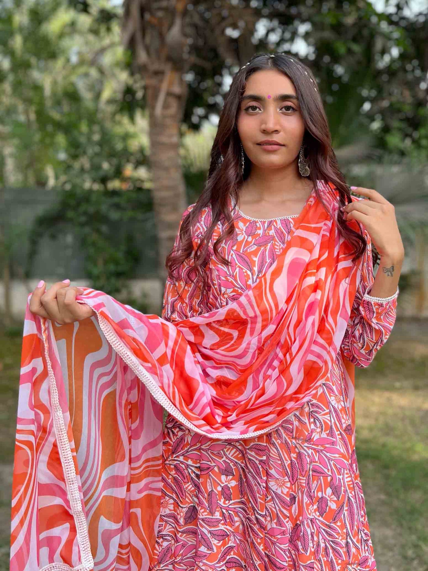 Orange Candy Anarkali With Marble Print Dupatta Suit Set