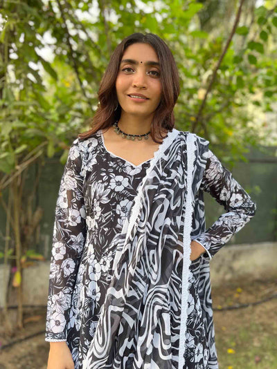 Black Floral Anarkali With Marble Print Dupatta Suit Set