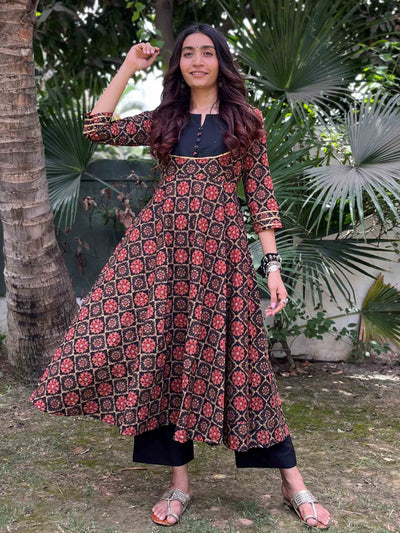 Black Ajrakh Anarkali Kurta Palazzo Set