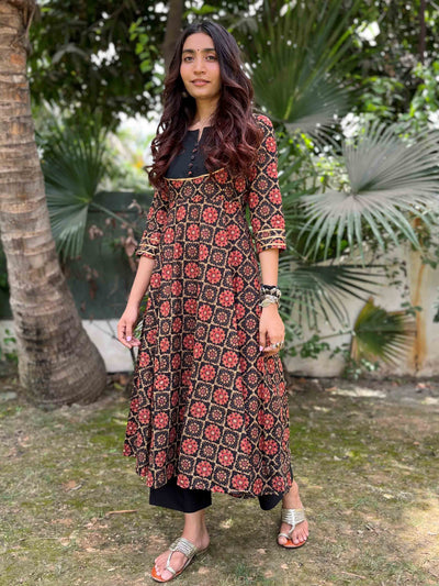 Black Ajrakh Anarkali Kurta Palazzo Set