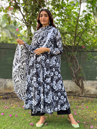Black Floral Anarkali With Marble Print Dupatta Suit Set