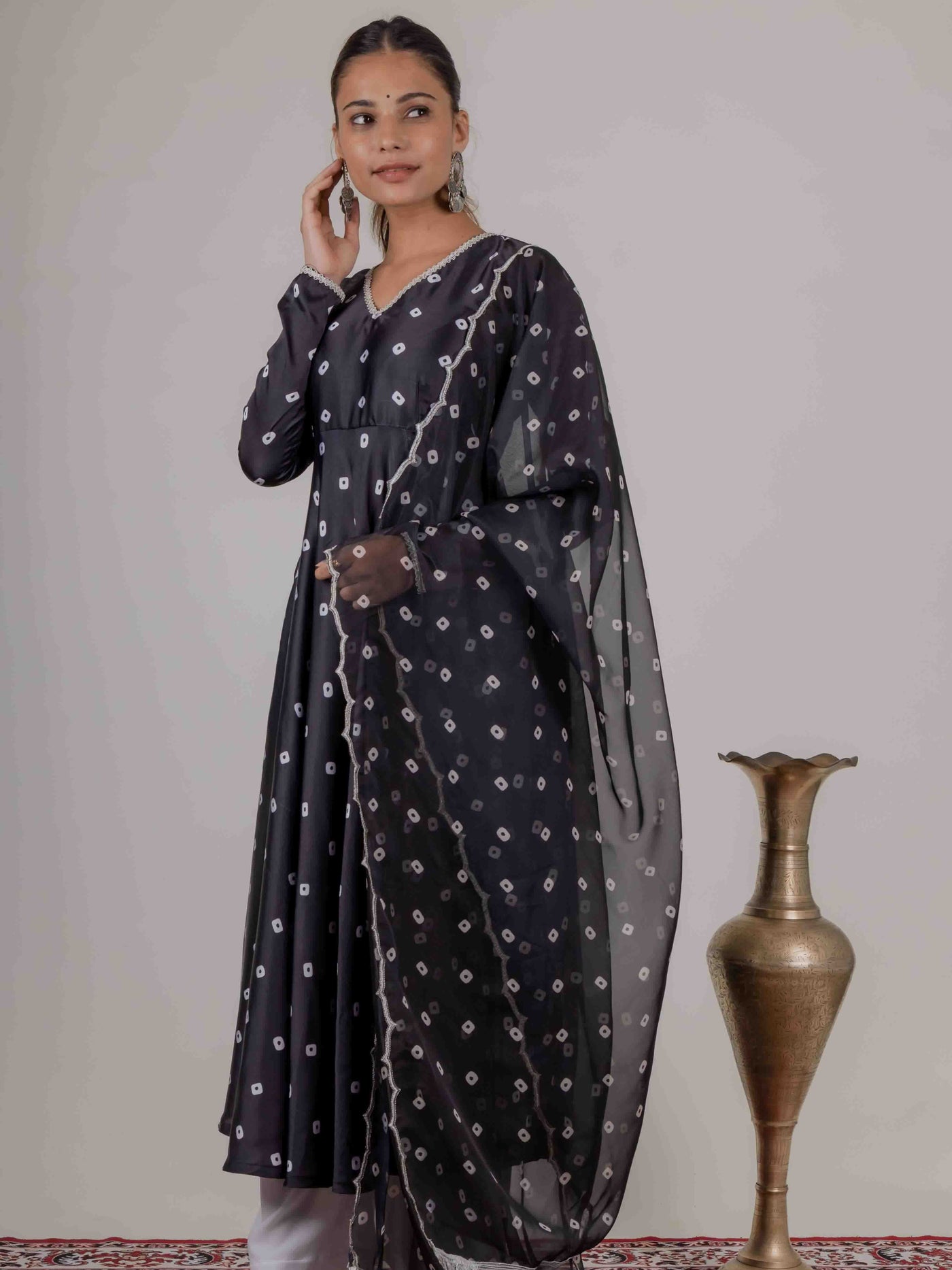 Black Bandhani Kurta with Organza Duppata