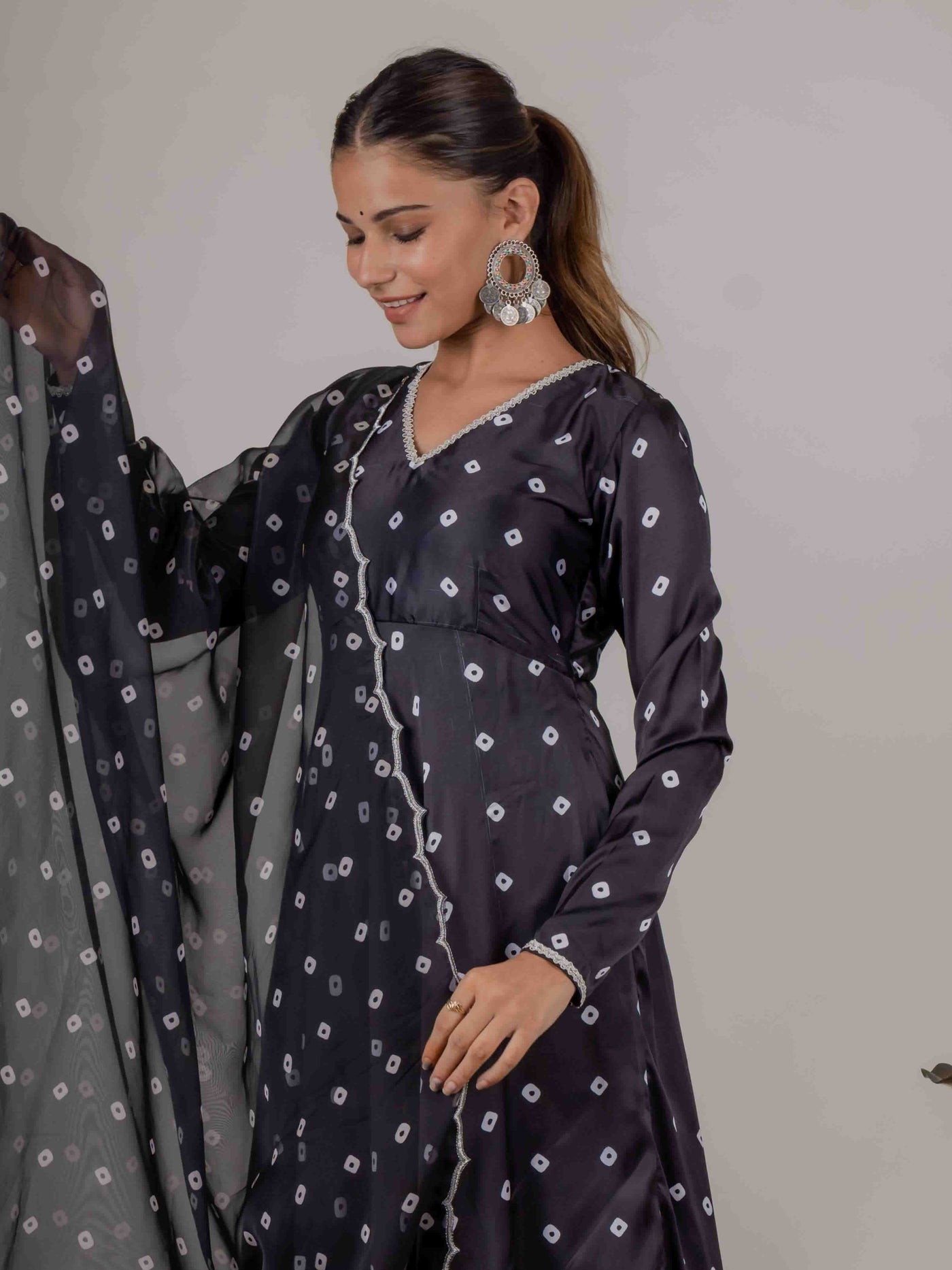 Black Bandhani Kurta with Organza Duppata