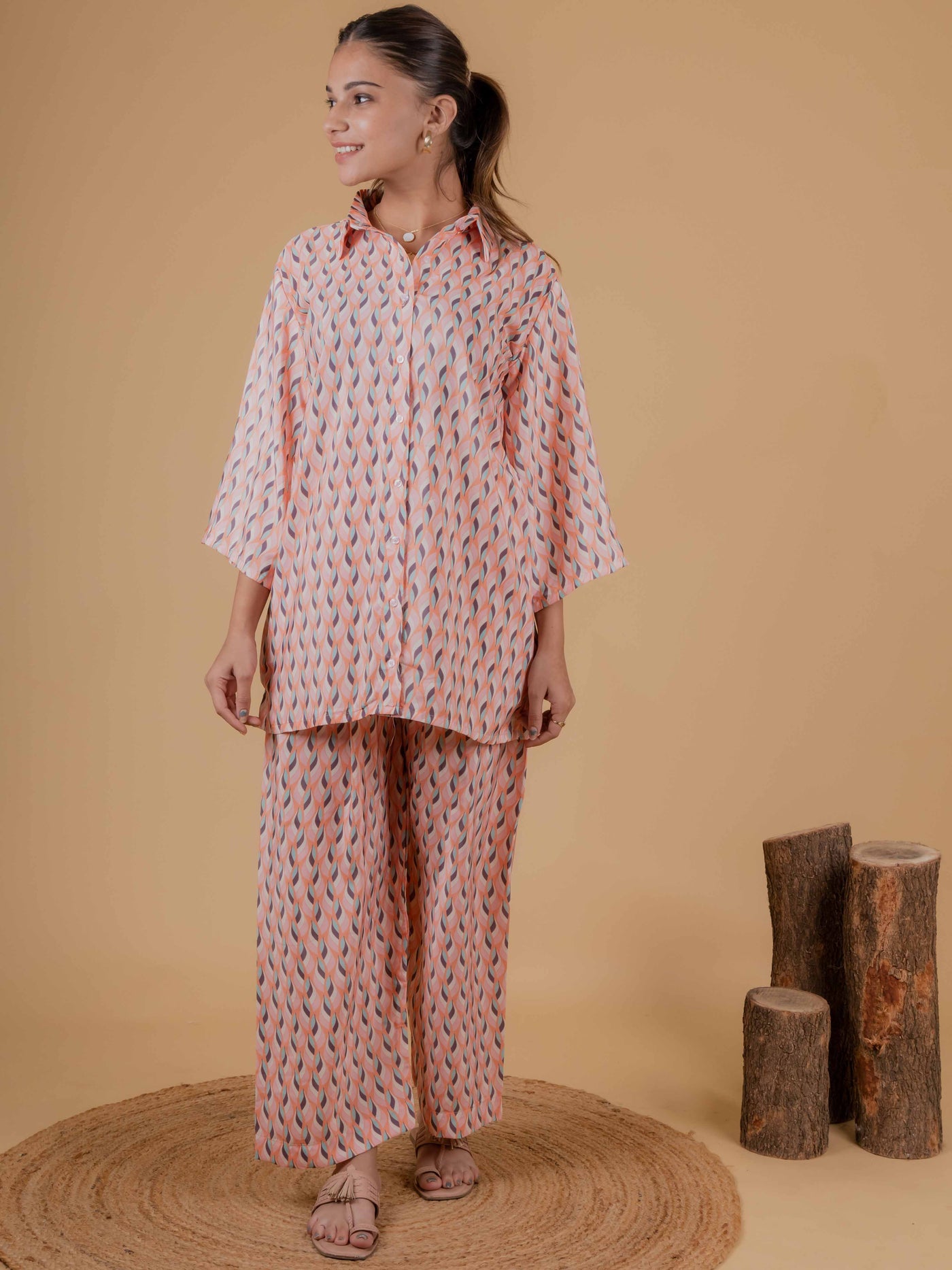 Pink Geometric Print Shirt Style Co-ord set