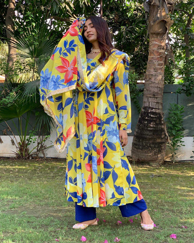 Yellow Blue Floral Anarkali Suit Set